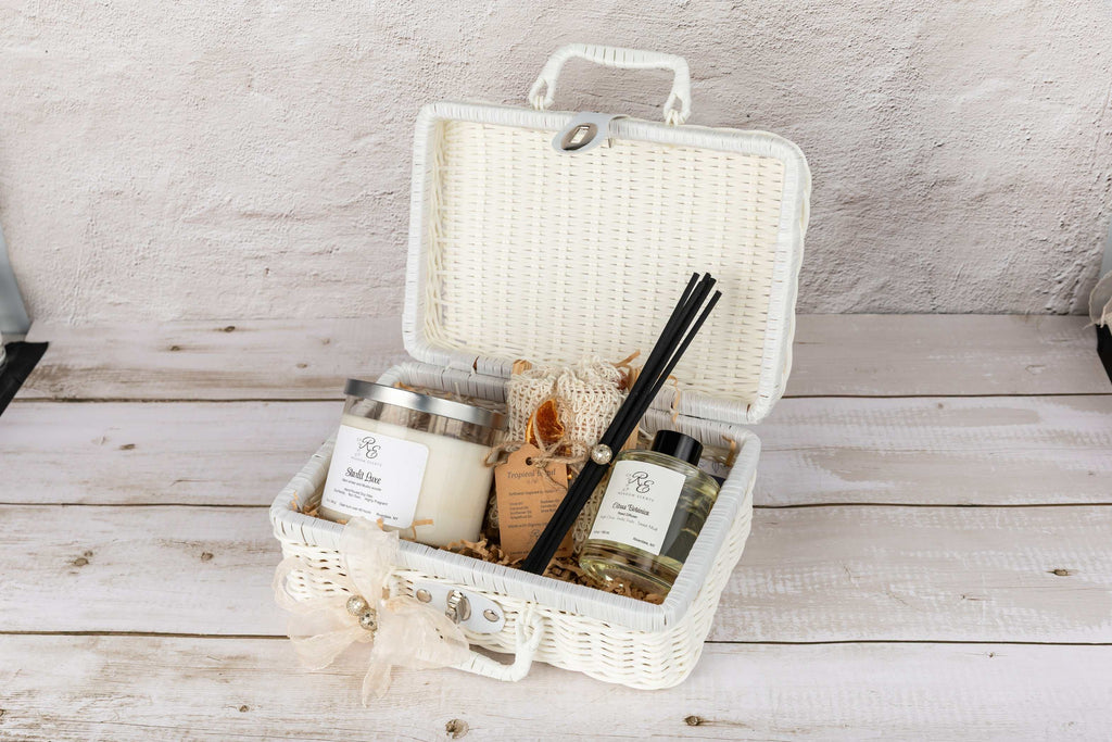 wellness gift set with candle soap kit reed diffuser in rattan suitcase
